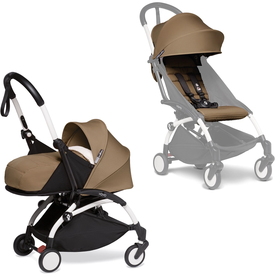 BABYZEN Kinderwagen YOYO2 0+ White mit Neugeborenenaufsatz und Textilset Toffee