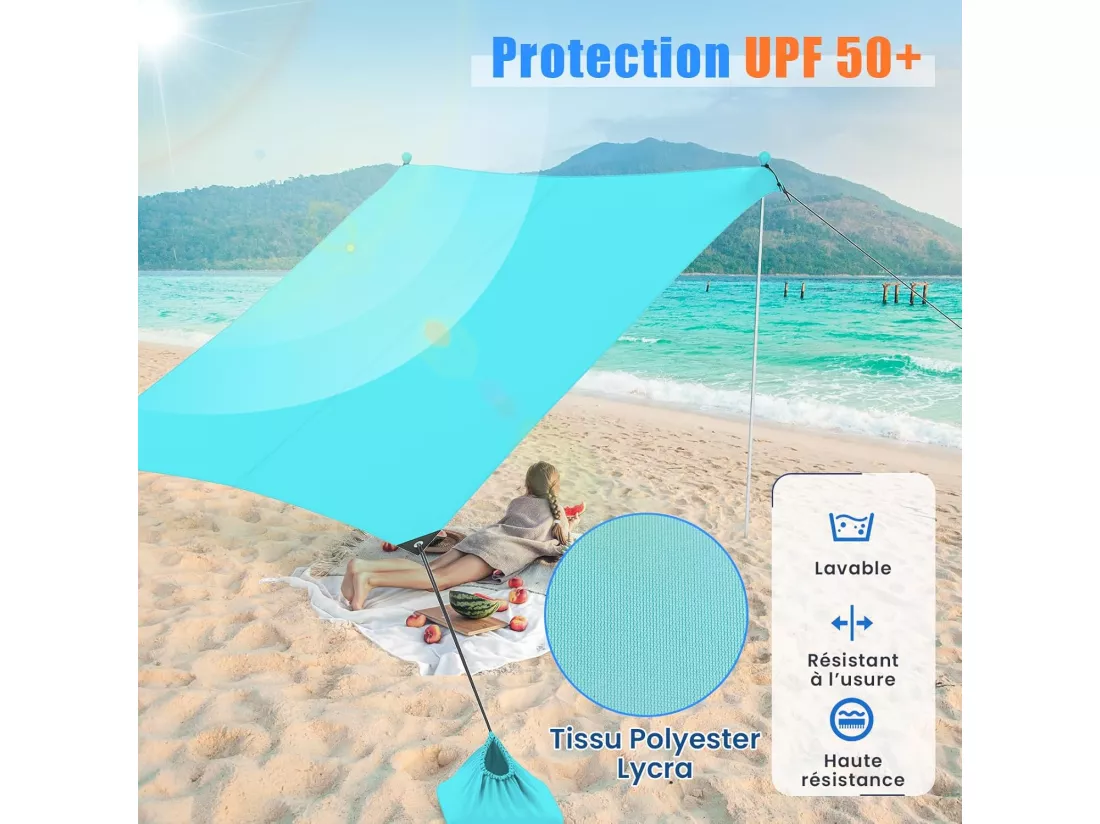 Tente de Plage Portable 2,3 x 2 M Anti UV UPF50+, Abris Solaire de Plage avec 4 Sacs pour Sable Piquets de Sol 2 Poteaux Sac de Transport, Idéal pour Plage Camping Pêche (Vert)
