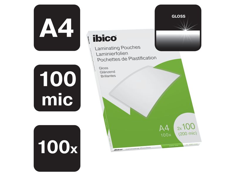 Ibico Laminierfolie Premium A4 100 µm, glänzend, 100 Stück Glänzende Premium Heisslaminierfolien