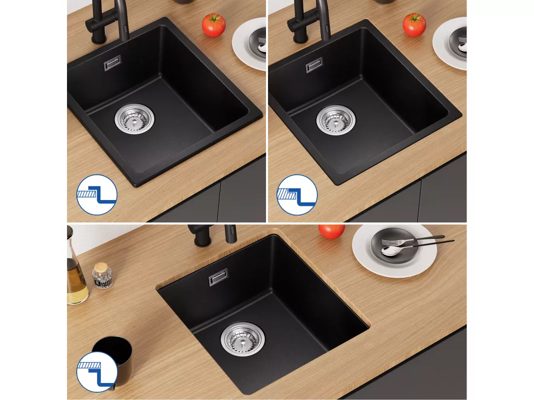 CECIPA MAX Evier 1 Bac en Quartz et Résine Noir Gris 40*44*20cm + Robinet Cuisine avec Douchette, Mitigeur Extractible Brossé