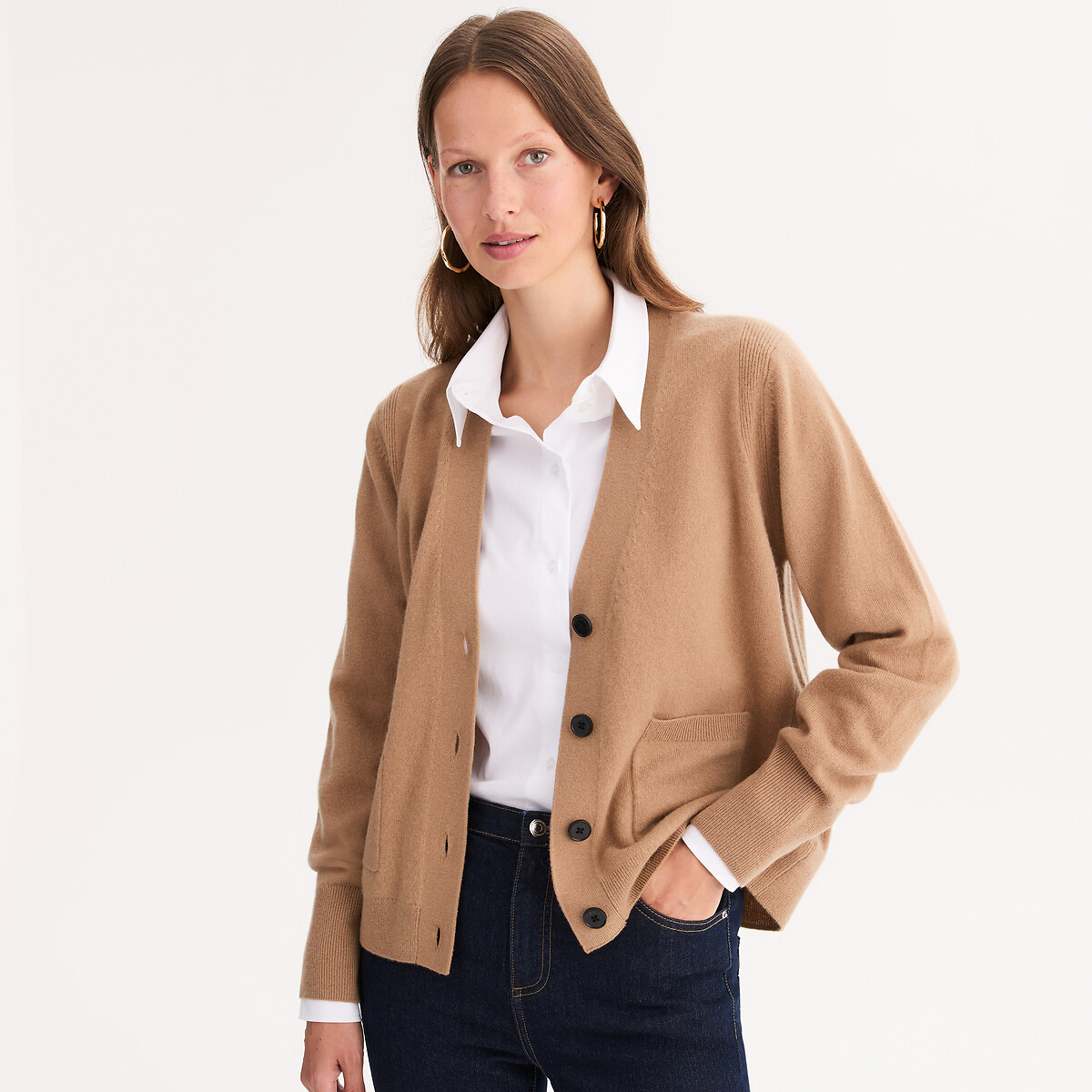 ANNE WEYBURN<br>Cardigã de cashmere com botões, decote em V, malha fina