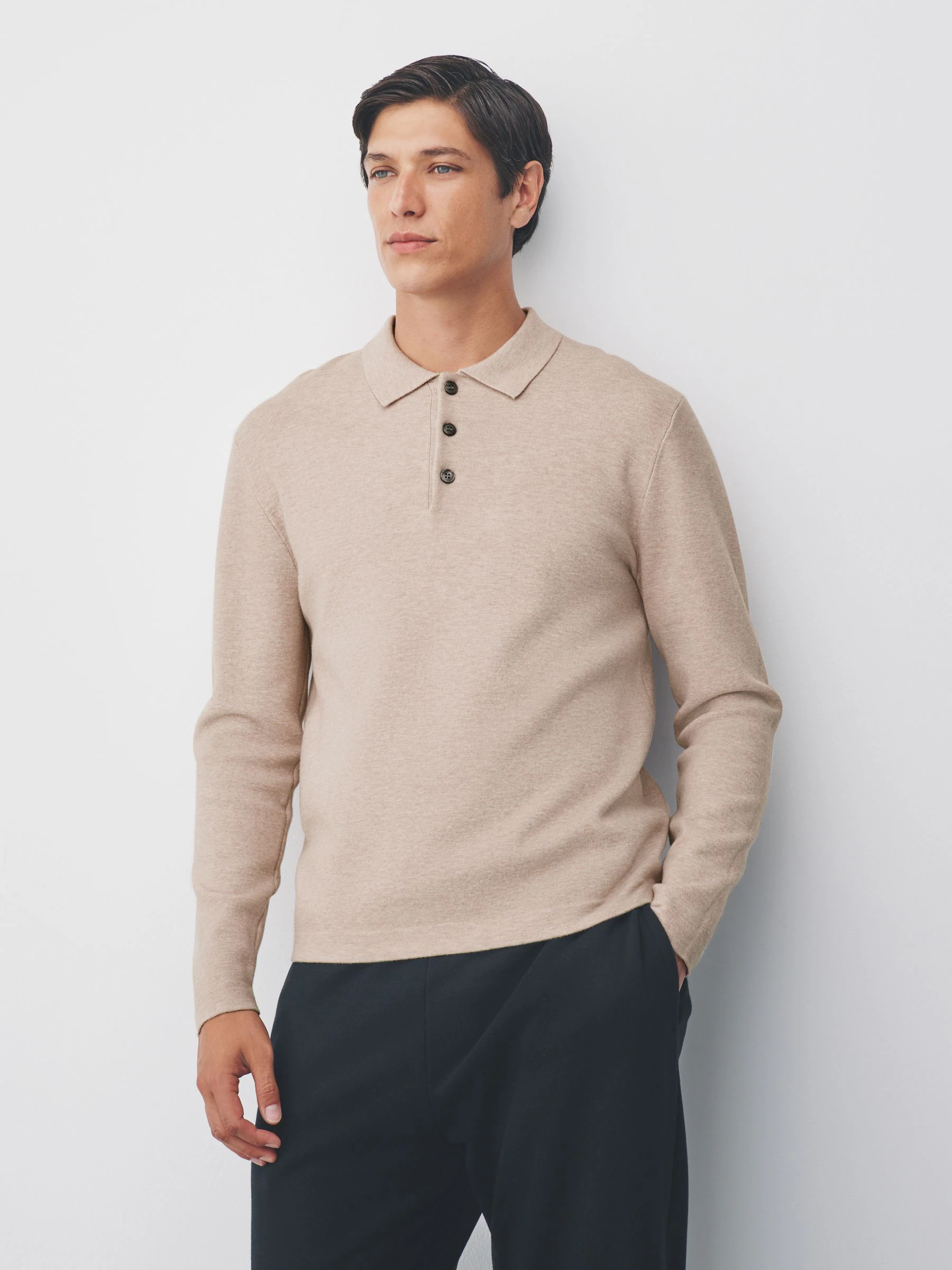 Moutkleurig - Knopen bij de hals - Regular Fit Premium Mid Weight Long Sleeve Knit Polo Shirt