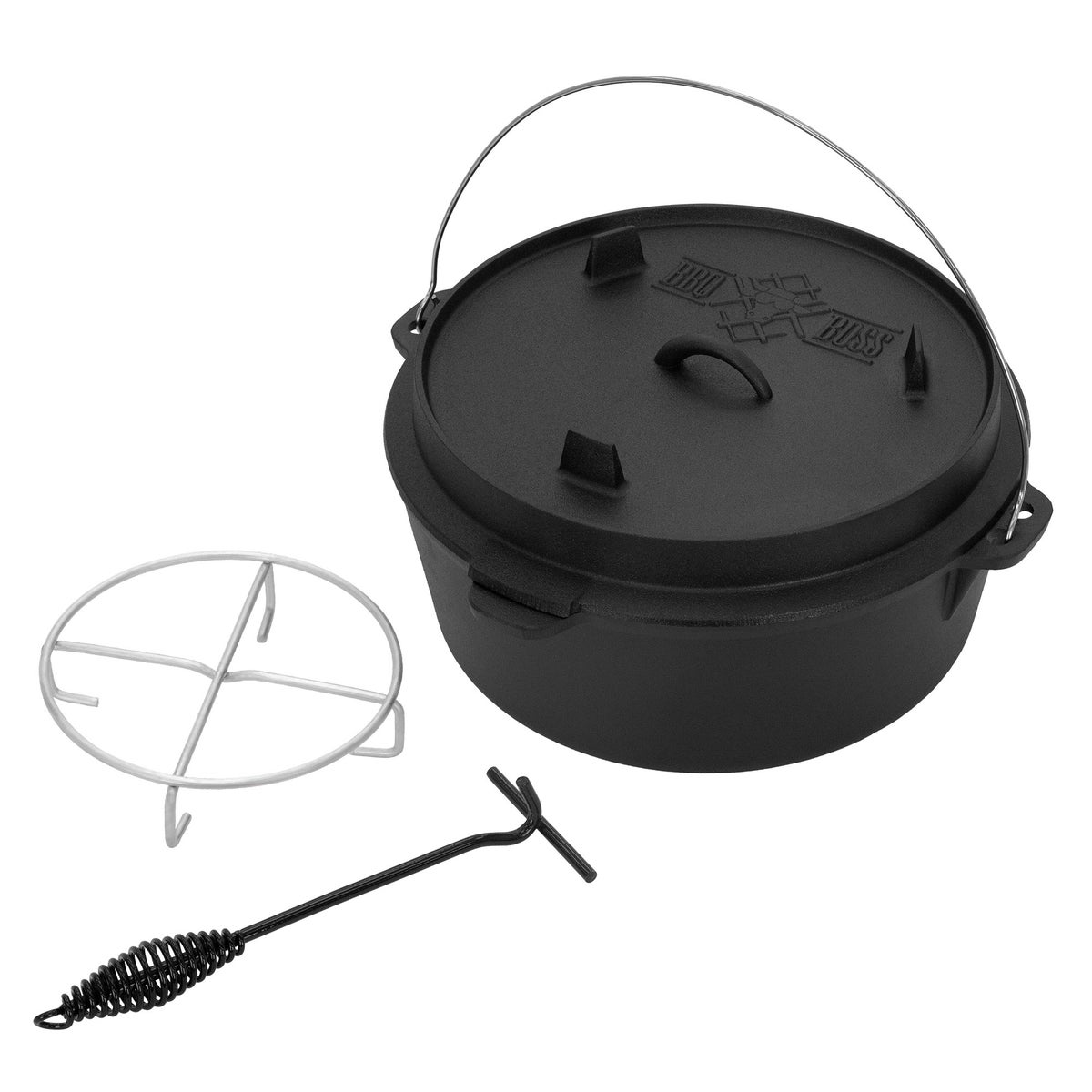 BBQ#BOSS Dutch Oven Set BBQ 13,6 liter, gekruide gietijzeren vuurpot, kookpot met deksellifter en roestvrijstalen onderzetter, ovenschaal met gleuf voor thermometer, grillpan voor buiten- en binnengebruik
