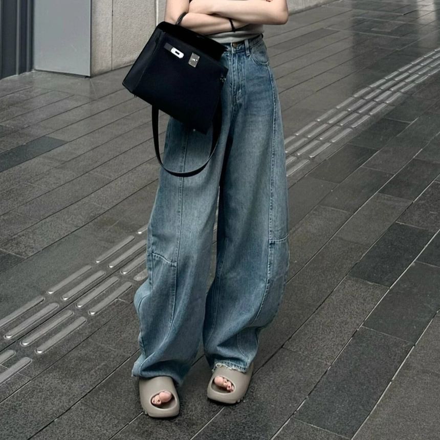 Coline - High Rise Washed Frayed Wide Leg Jeans