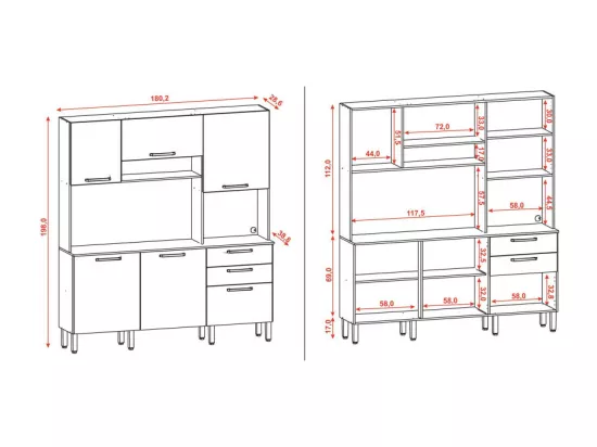 Buffet de Cuisine 6 Portes 2 Tiroirs Noyer et Blanc Ecru L 180.2 H 198 P 38.8 cm