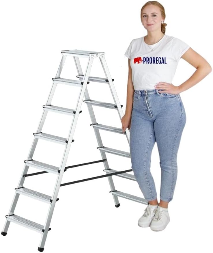 PROREGAL Economy Basic Trapladder, dubbelzijdig toegankelijk, 2 x 7 treden, werkhoogte 3,44 m, draagvermogen 125 kg