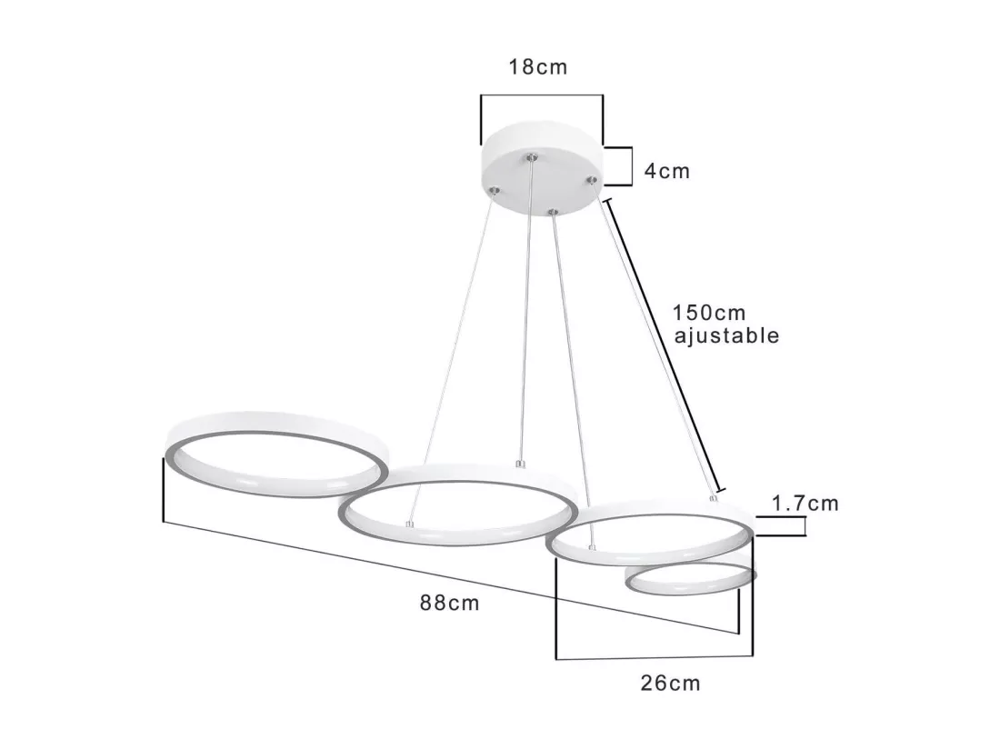NETTLIFE Suspension LED Blanc Moderne Diam.88cm Lampe de salle à manger 4 Anneaux Design Métal Dimmable avec Télécommande pour Salon Chambre
