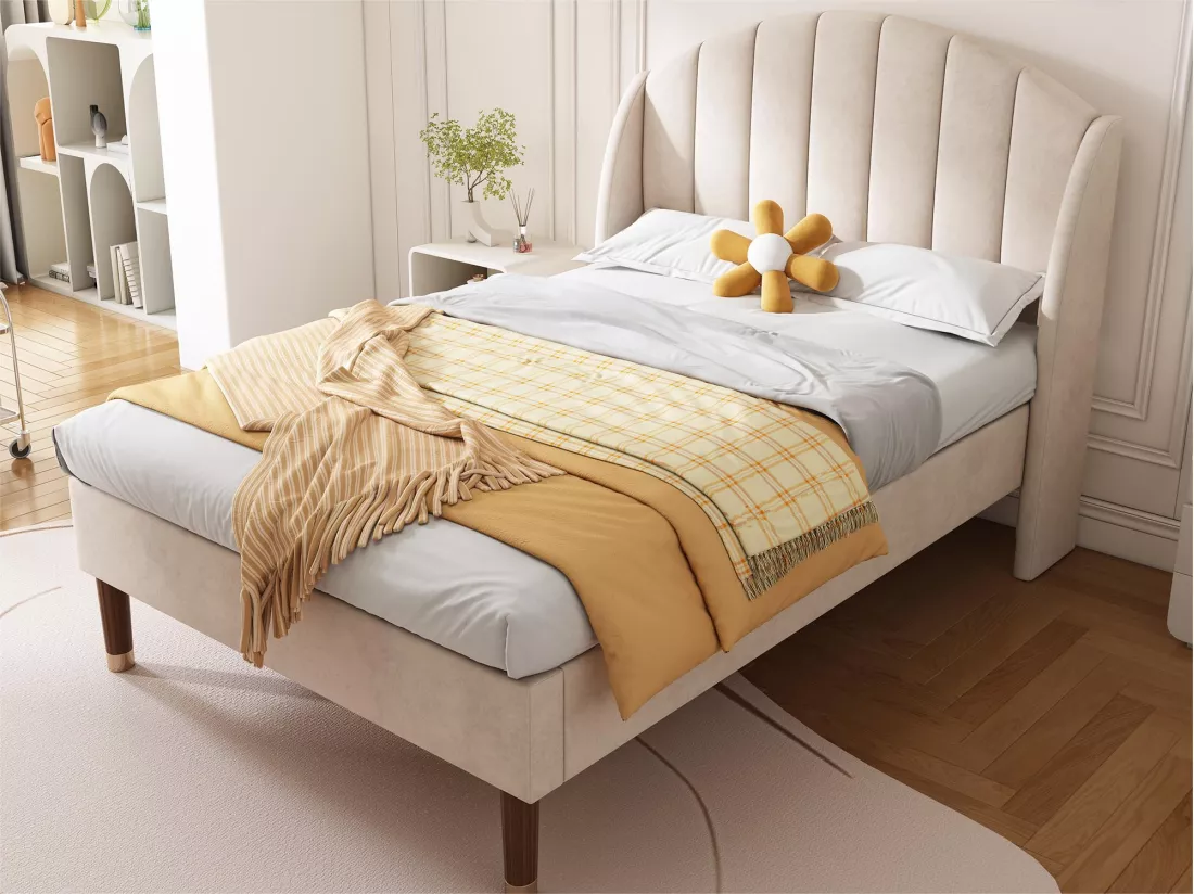 Lit rembourré 90x200cm en velours avec sommier à lattes - Beige