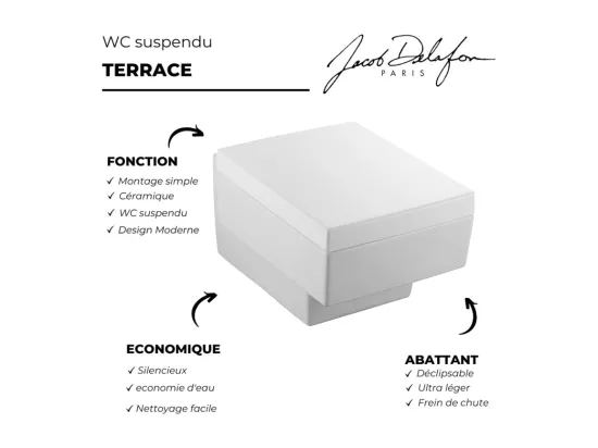 Pack WC suspendu JACOB DELAFON Terrace+ bâti-support + plaque Chrome brillant/Blanc mat + accessoires