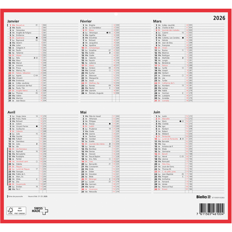 Biella Wandkalender 2026, französisch, 6 Monate / Seite