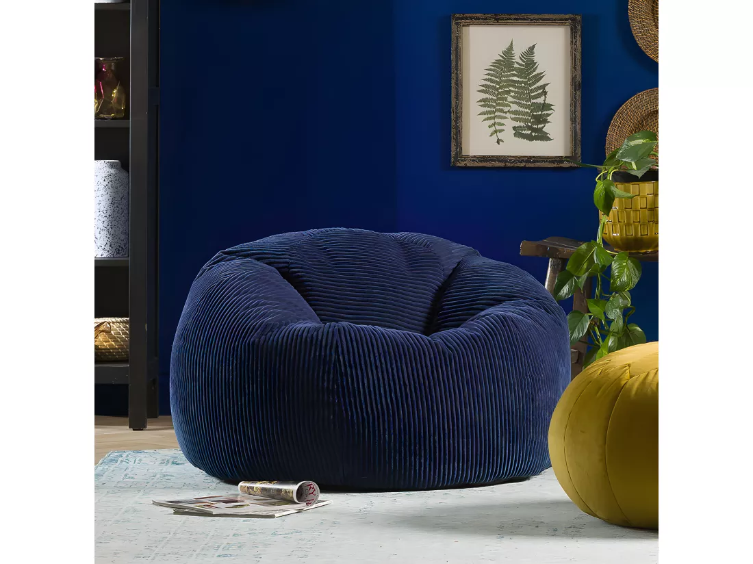 Pouf classique en velours côtelé, bleu marine - KINGSTON