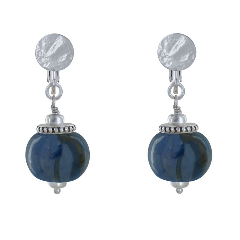 Boucles d'Oreilles Clip Métal Argenté et Grosses Perles en Céramique