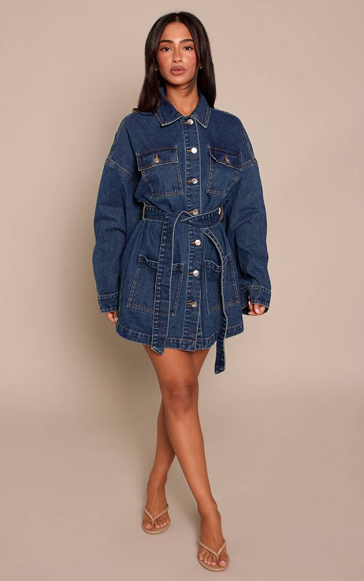 Mid Blue Wash Robe En Denim Petite À Poches Utilitaires Et Ceinture À Nouer À La Taille