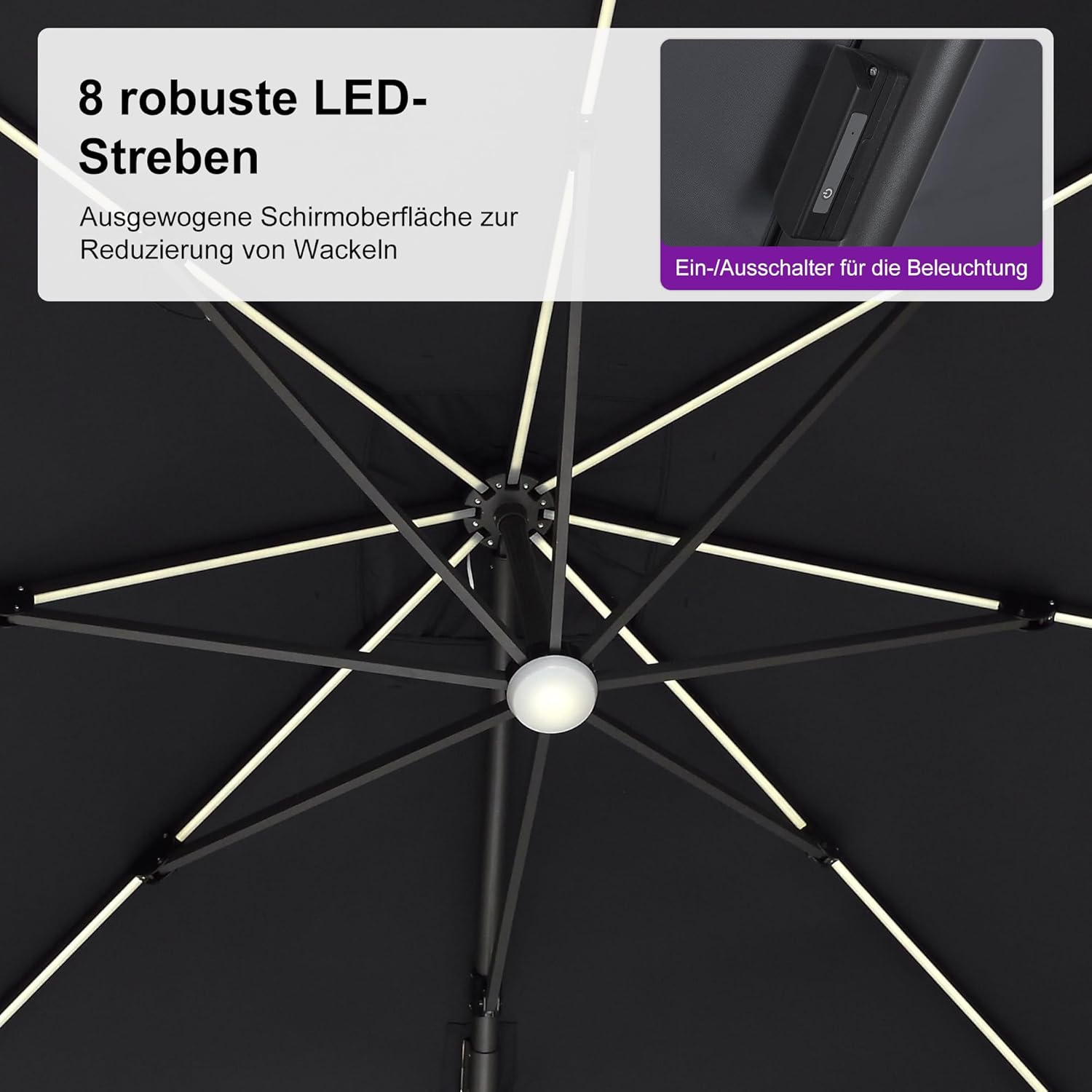 PURPLE LEAF Ampelschirm 300 x 300 cm Sonnenschirm mit LED Beleuchtung, Neigbar Kippbar Gartenschirm mit Kurbel, Aluminium Gestell, 360° Rotation, Grau