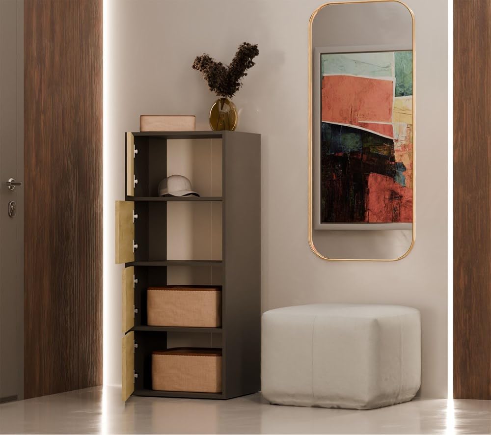 CDF Kommode Schrank Hochschrank mit 4 Türen und Einlegeböden - für Wohnzimmer Schlafzimmer Flur Büro – Grifflose Fronten – Modernes Design und langlebige Ausführung – Anthrazit Eiche Artisan Alma
