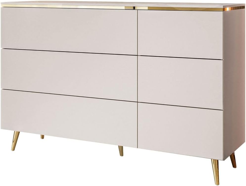 Lookway Kommode Aurora Kaschmir 6 Schubladen Weiß Hochglanz mit Golddekor, Hängend oder auf Goldfüßen – Modernes Design & Luxus für Wohnzimmer (Schräge Füße – Gold Chrom)