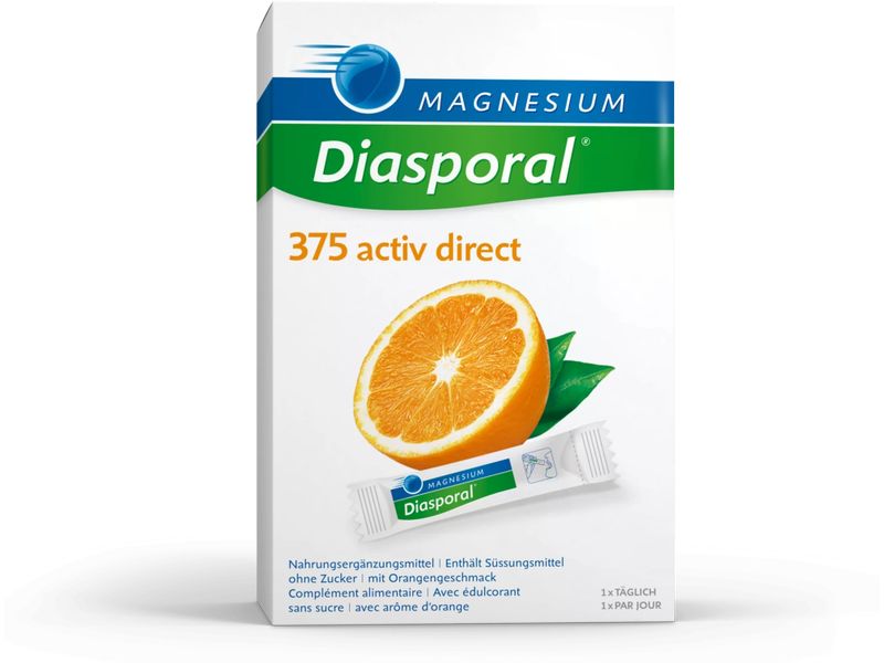 Magnesium Diasporal 375 Activ Direct Orange 60 Sticks Veganes Direktgranulat mit Magnesiumcitrat