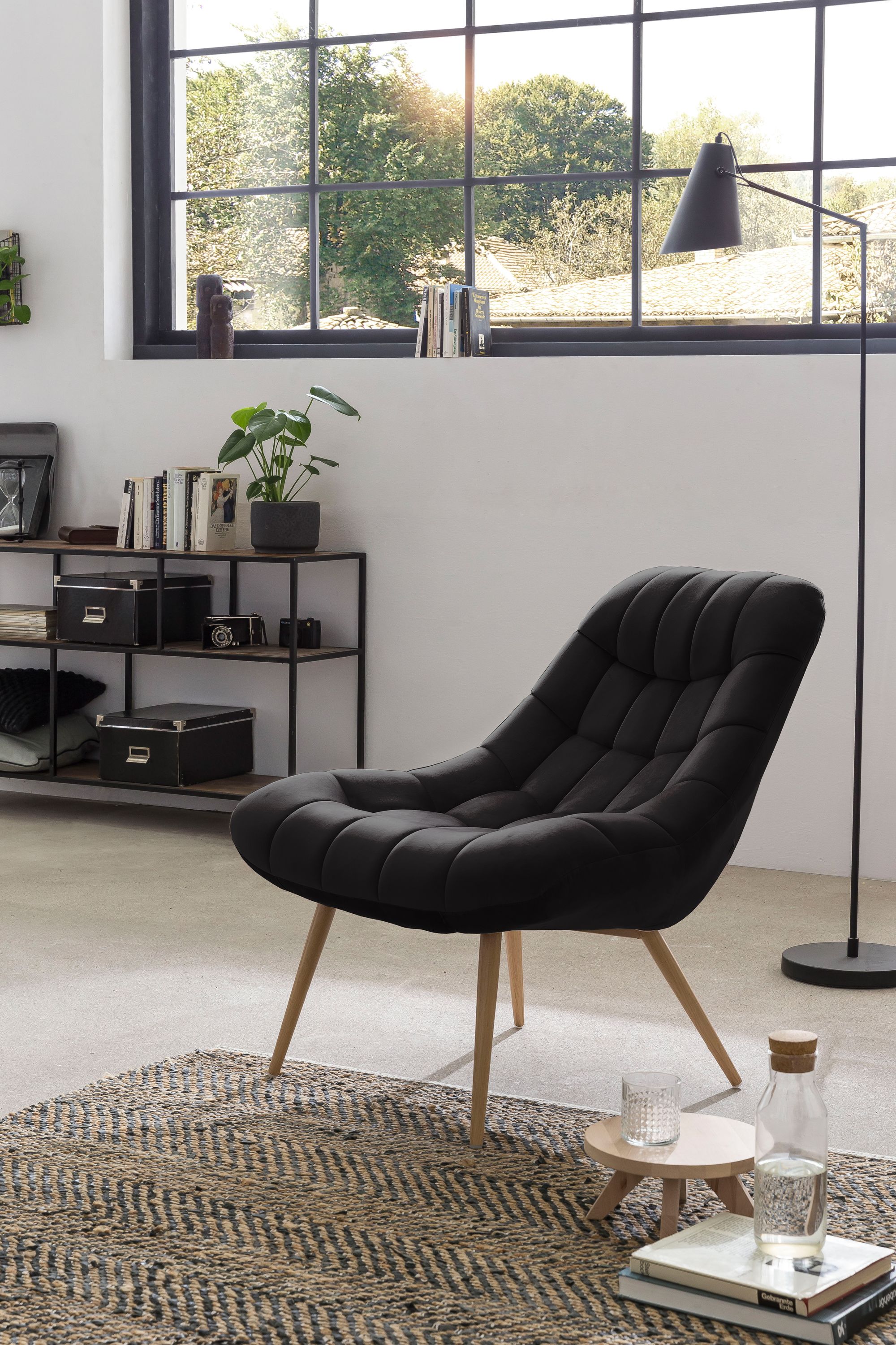 Sessel XXL Samt schwarz Holzoptik Relaxsessel Polstersessel Loungesessel