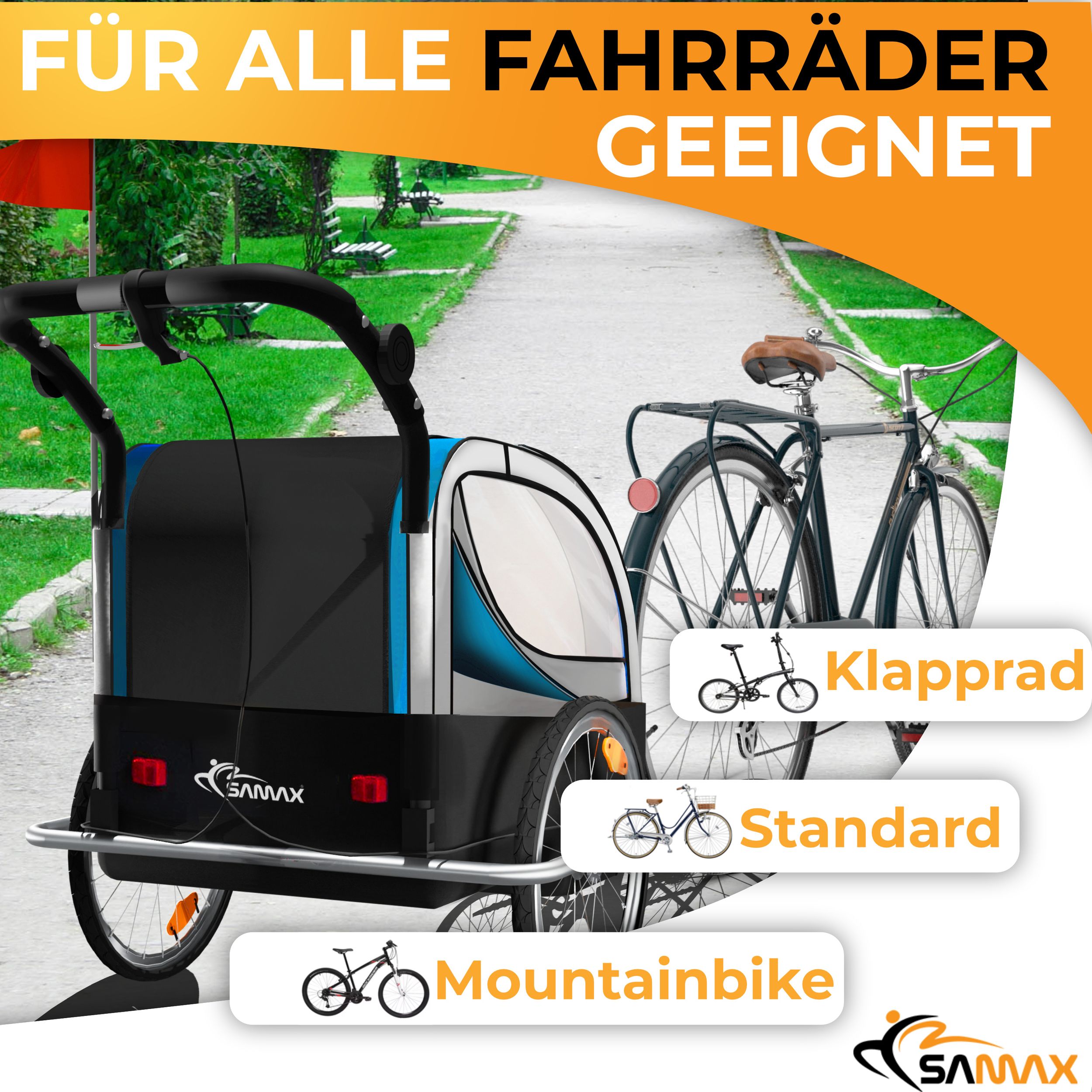 SAMAX 360° drehbarer Fahrradanhänger 2in1 Jogger - in Blau - Silver Frame