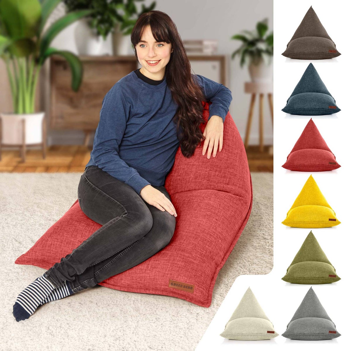 Green Bean Triangle Zitzak 150x100x100cm met 220 liter EPS-korrelvulling - Knuffelzacht en wasbaar - Binnenkussen van stof voor op de vloer, ligstoel, zitkussen - Rood