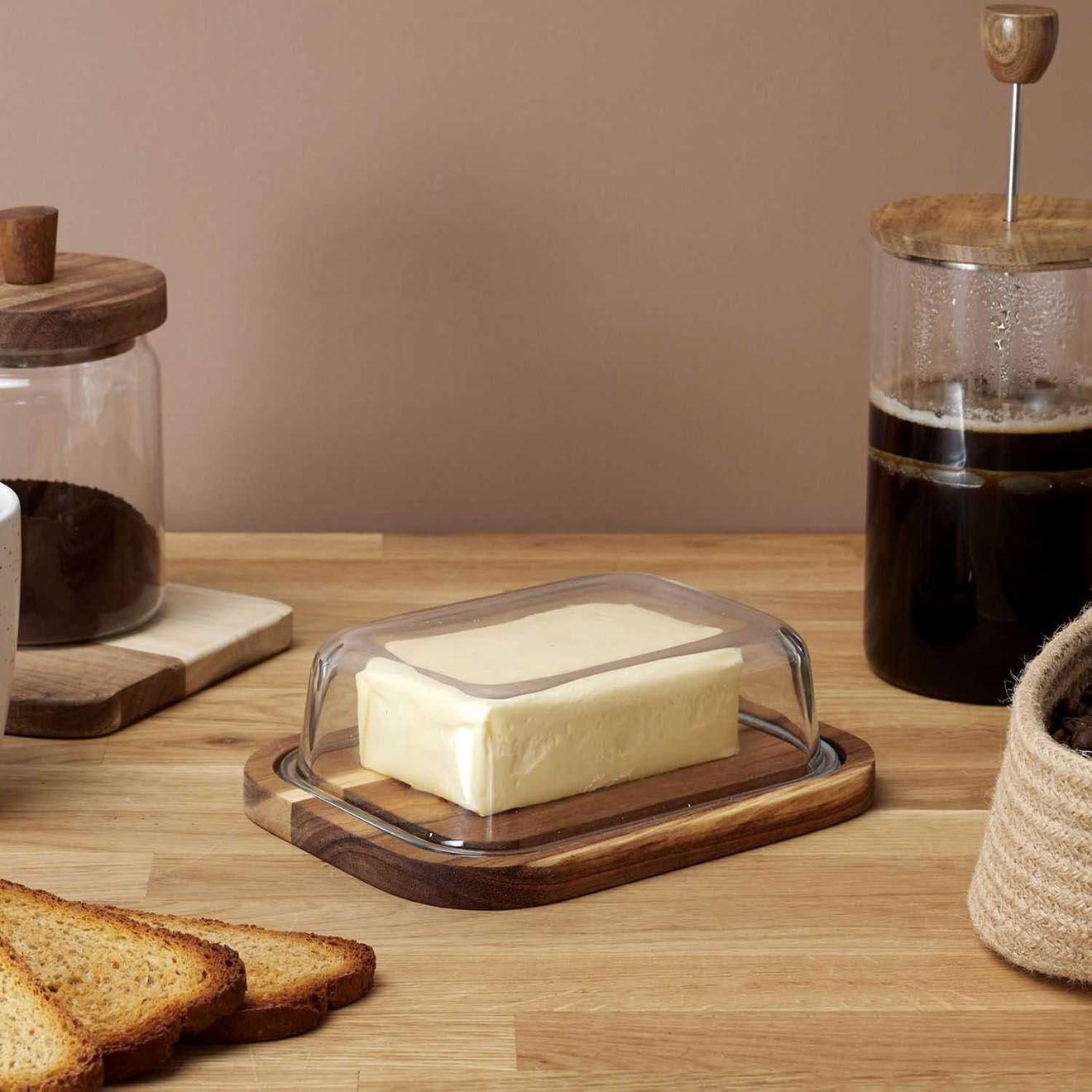 Home Deco Factory Beurrier en verre et acacia natural