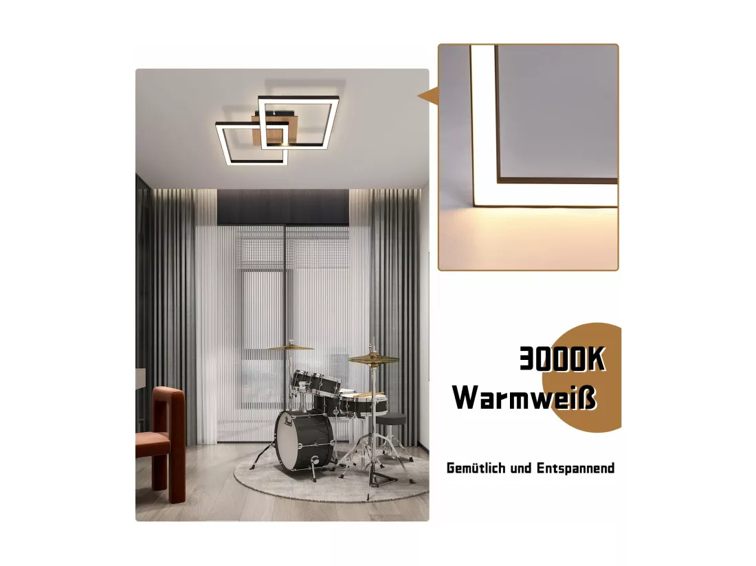 NETTLIFE Plafonnier LED Noir Bois 3000K Blanc Chaud Design Moderne 24W