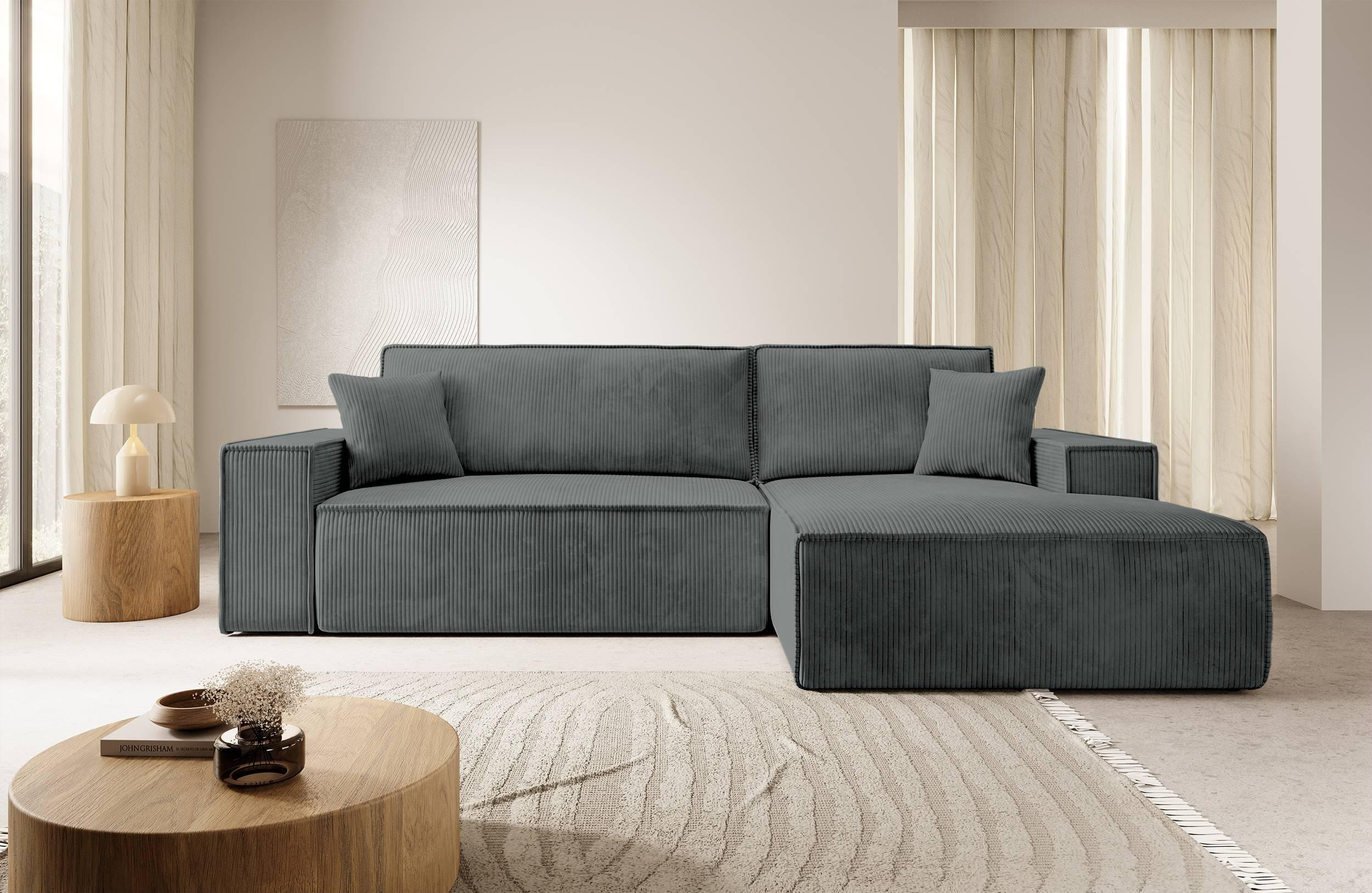 NADUVI Collection Galine Hoekbank met Chaise Longue Rechts met Slaapfunctie - Ribstof - Donkergrijs