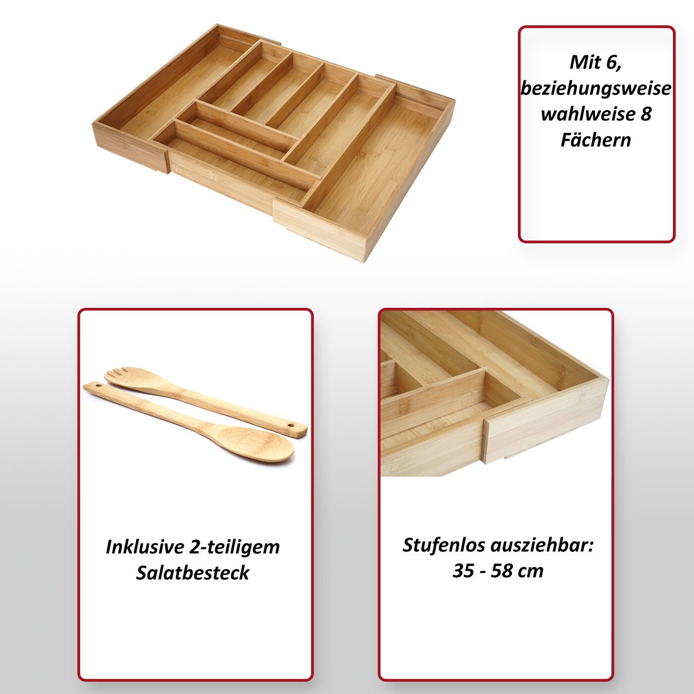 Salatbesteck MCW-C12, Besteck Küchenzubehör Servierbesteck Gabel Löffel 2-teilig, Bambus 1x6x30cm