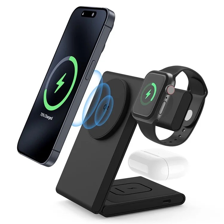 (15W) 3in1 MagSafe Ladegerät Qi2 Wireless Charger Faltbarer Ladeständer für Apple Watch / Smartphone / AirPods - Schwarz