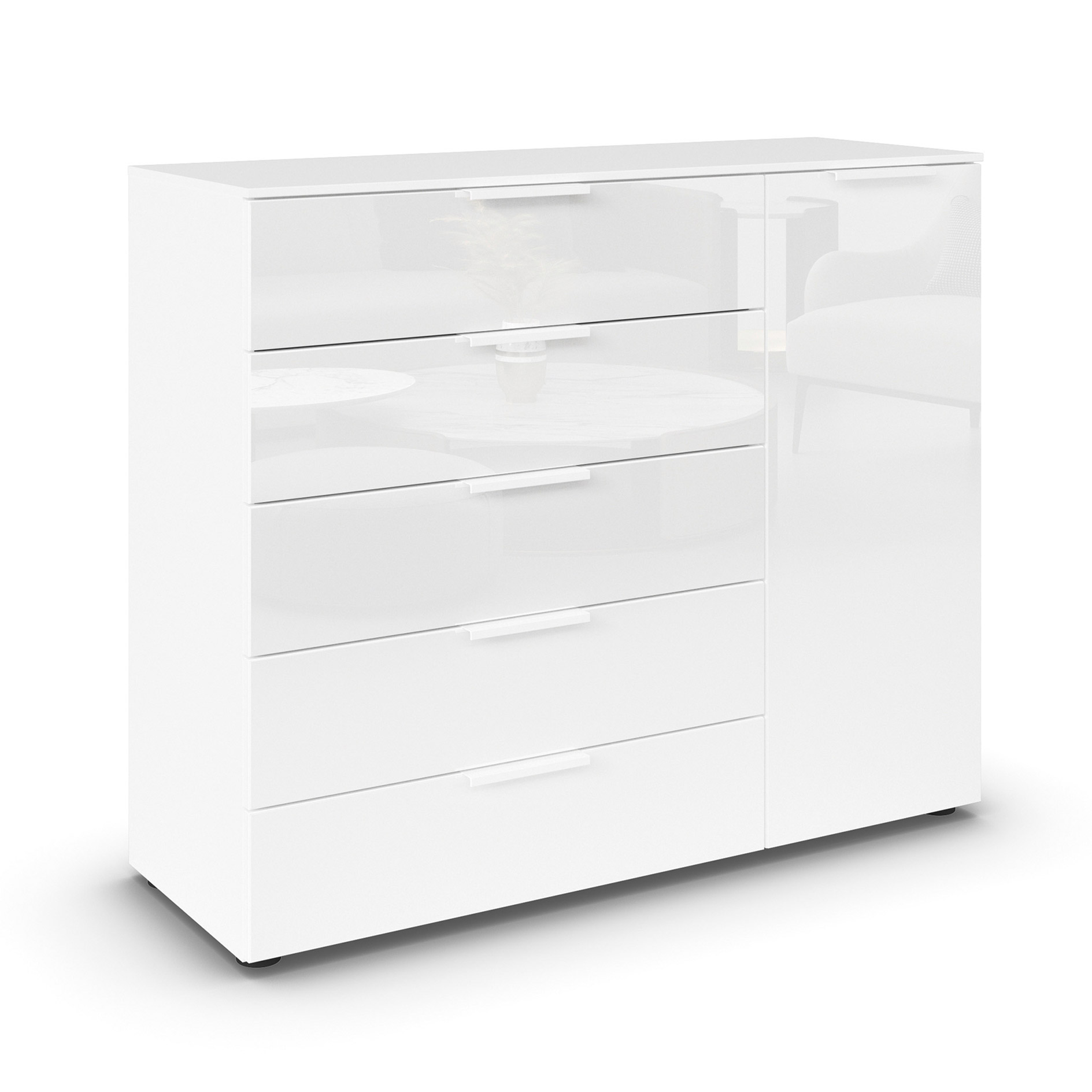 Kommode - alpinweiß-Kristallweißglas - weiße Griffe - 120 cm