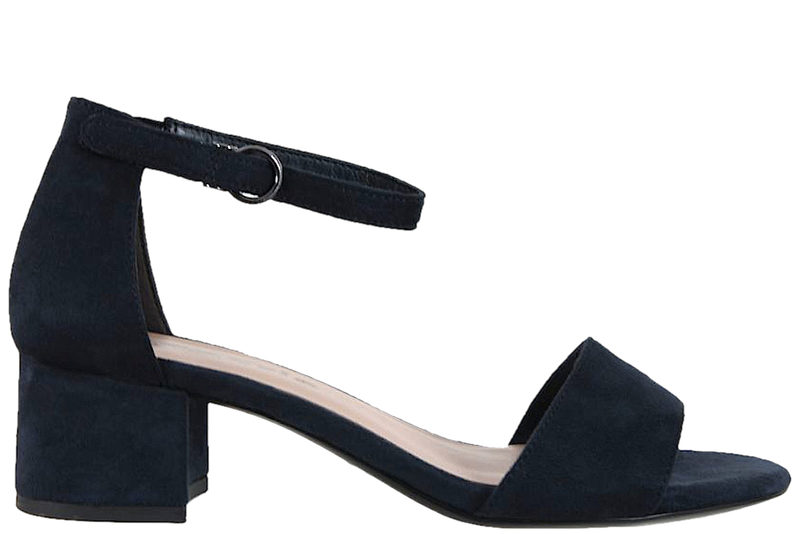 TAMARIS SANDAL I NAVYBLÅT TEKSTIL PÅ HÆL