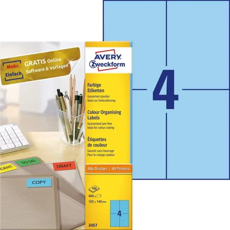 Avery Zweckform 3457 Farbige Etiketten,A4 105 x 148 mm, 100 Bogen/400 Etiketten, blau