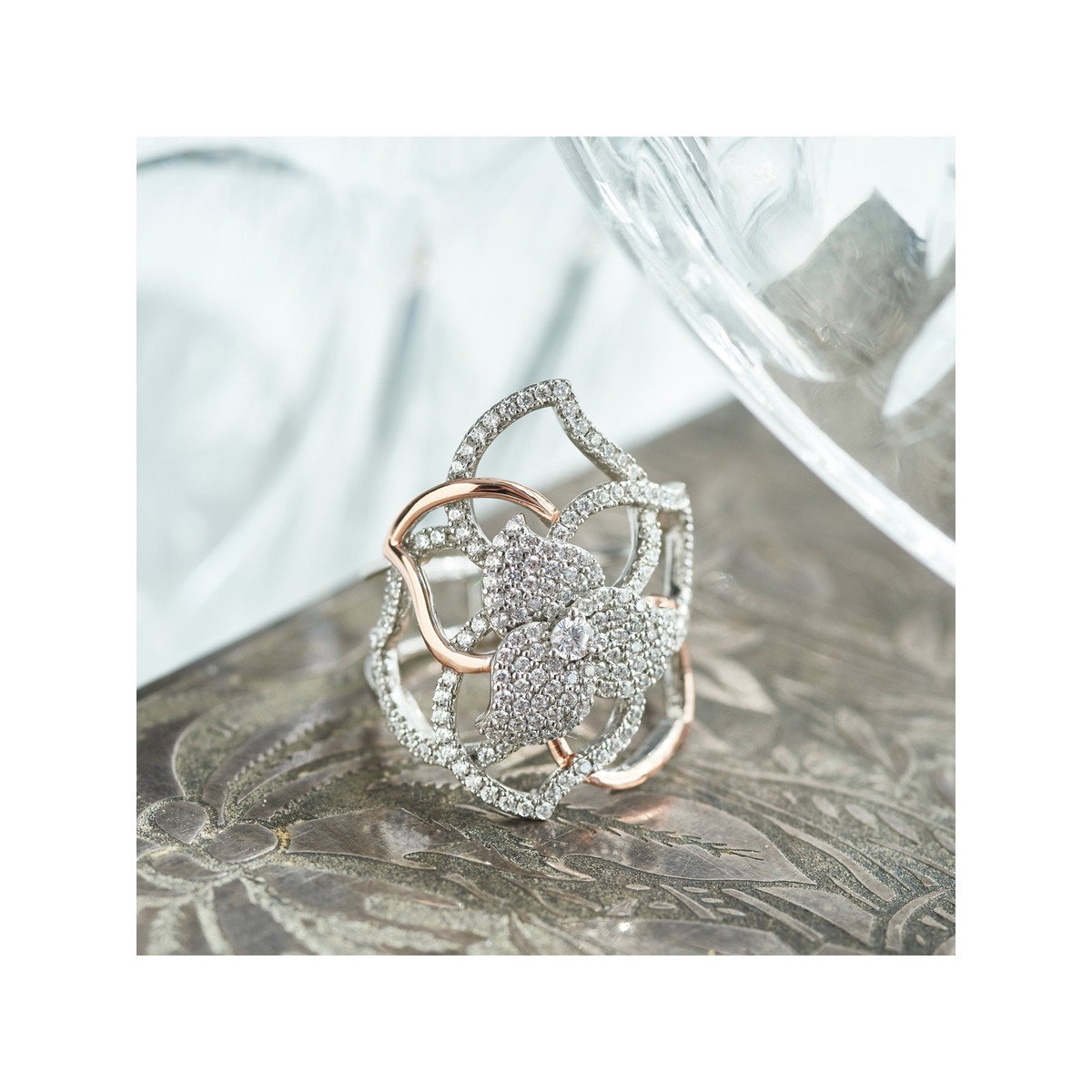 Bague argent 925 2 tons fleur ajourée zirconias