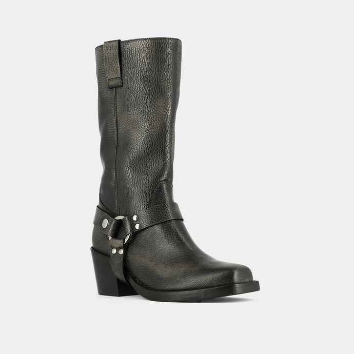 Bottes à bouts carrés et boucles argentées  en cuir grainé gris