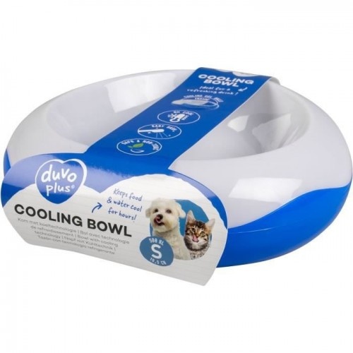 Comedouro e bebedouro refrigerado para cães EULIQUID, nas cores branca e azul.