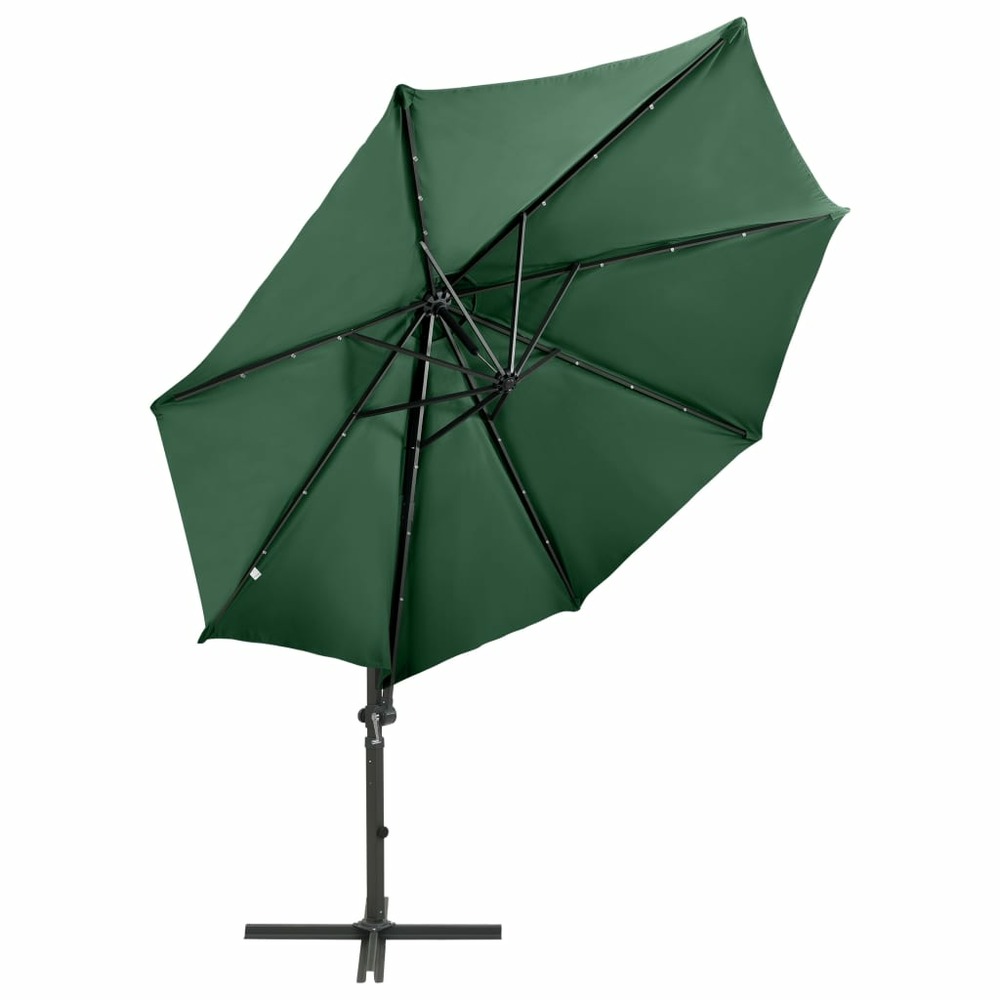 Parasol meuble de jardin déporté avec mât et lumières led 300 cm vert