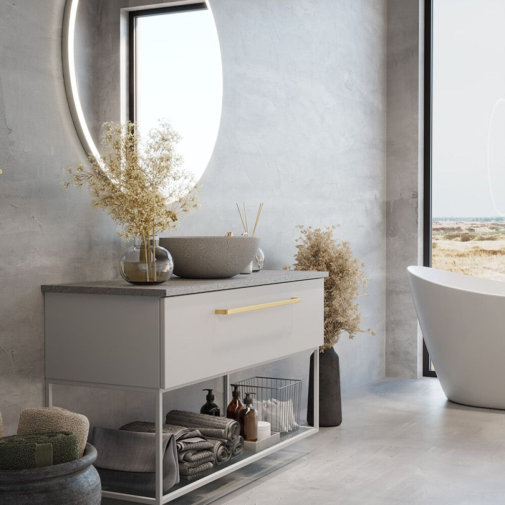BADEROMSMØBEL CAMARGUE IQ+ SLETT FRONT HVIT MATT/BETONG 120C