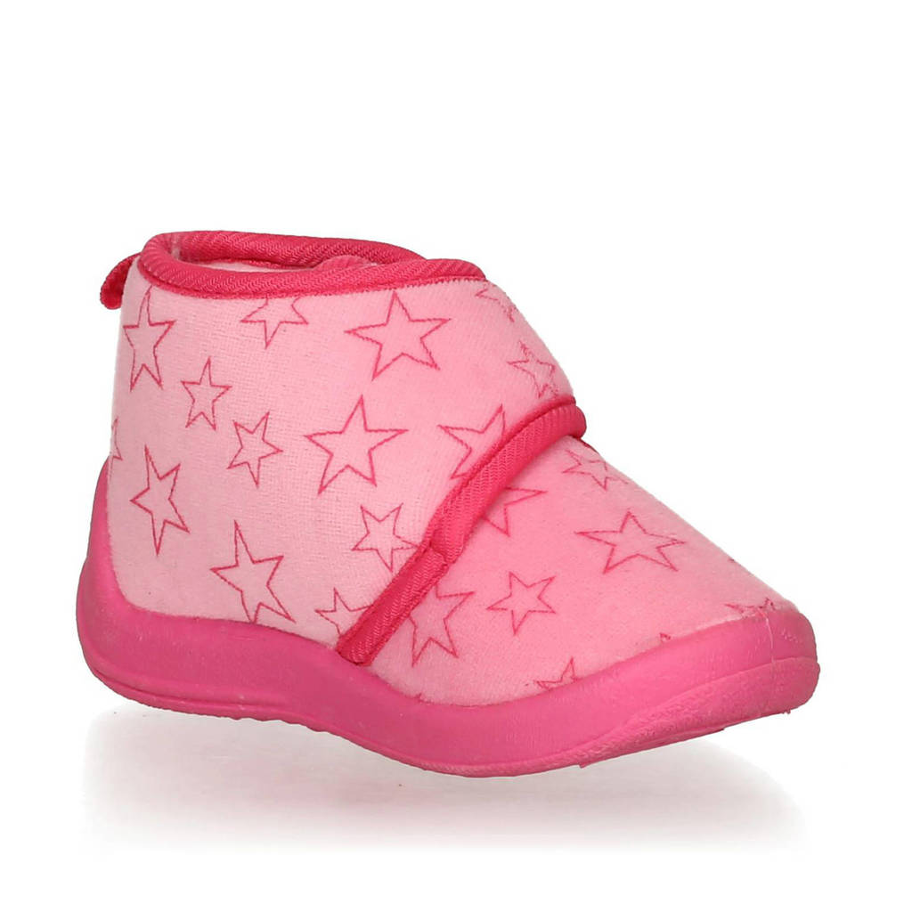 Playshoes pantoffels met sterrendessin Velcro roze/donkerroze