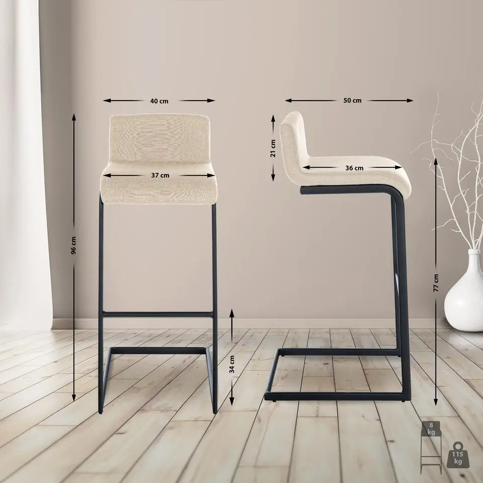 CLP Barkruk Newport zwart Frame - Stof - creme