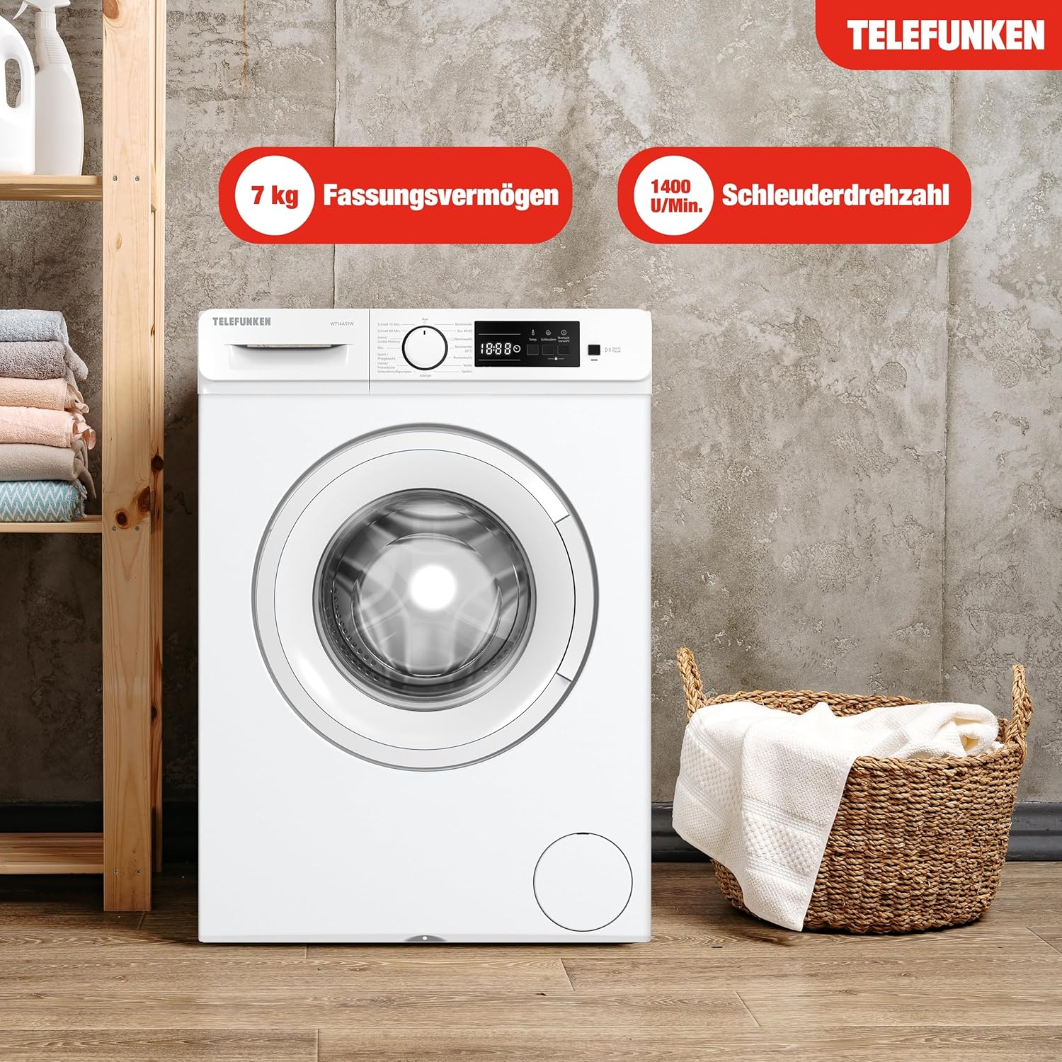Telefunken Waschmaschine 7kg | Frontlader 1400 U/Min. | Energieklasse A | Inverter Motor | AquaStop | Schontrommel | 15 Programme | Startzeitvorwahl | Kindersicherung | LED-Display | W714AS1W weiß