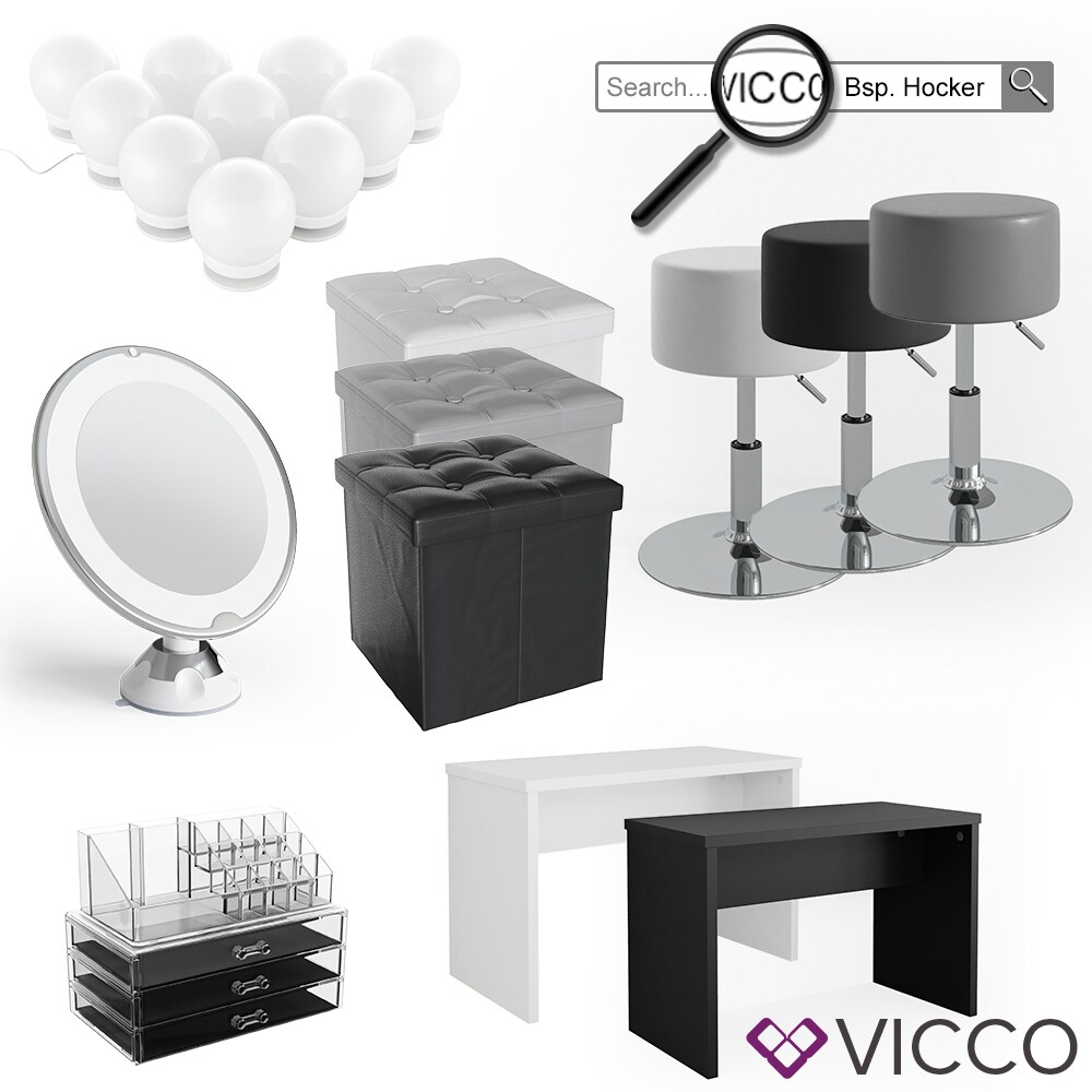 Vicco Schminktisch Charlotte Frisiertisch Kommode Frisierkommode Spiegel Schwarz inklusive Hocker