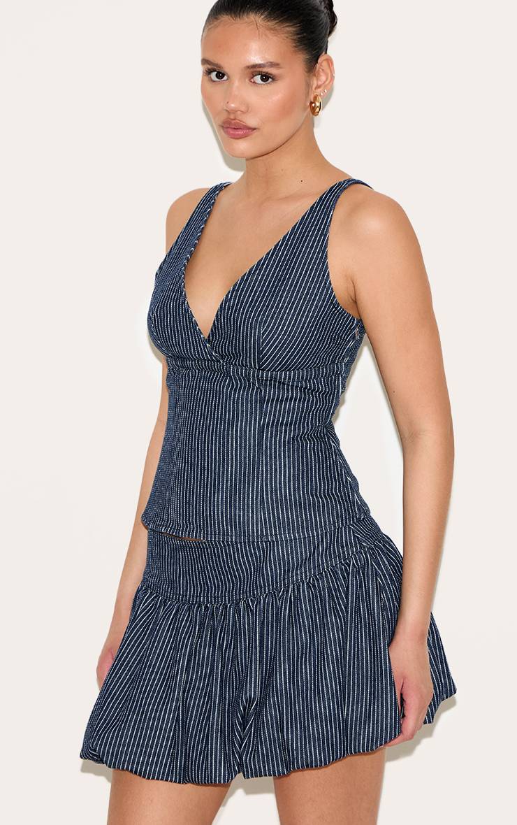 Bleu Marine Haut En Denim À Rayures Fines Et Décolleté Plongeant