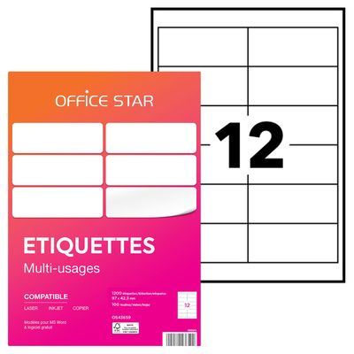 Office Star - 1200 Étiquettes multi-usages blanches - 97 x 42 mm - réf OS43659