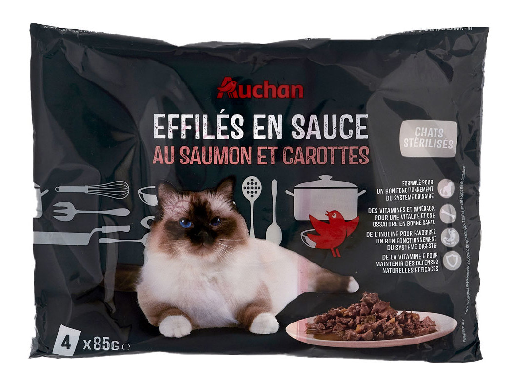 COMIDA HÚMIDA PARA GATO AUCHAN ESTERILIZADO SAQUETAS PEDAÇOS EM MOLHO COM SALMÃO E CENOURAS 4X85G