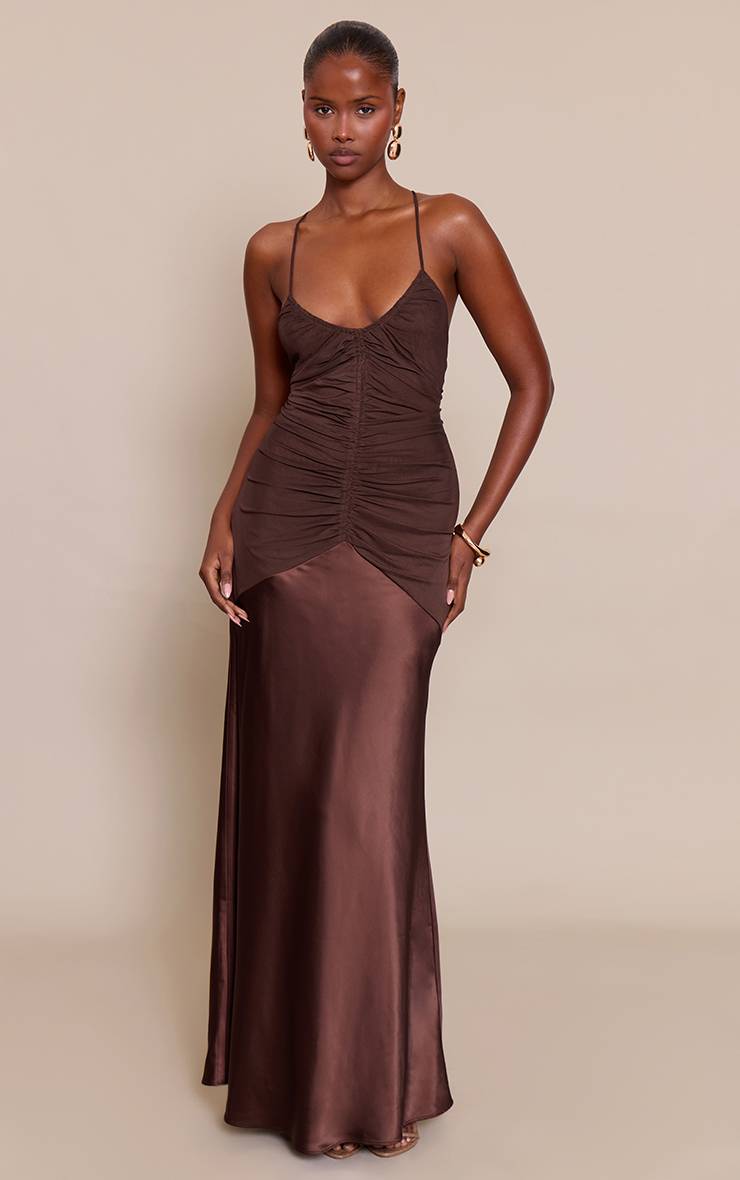 Chocolat Robe Longue Nuisette En Satin Froncé