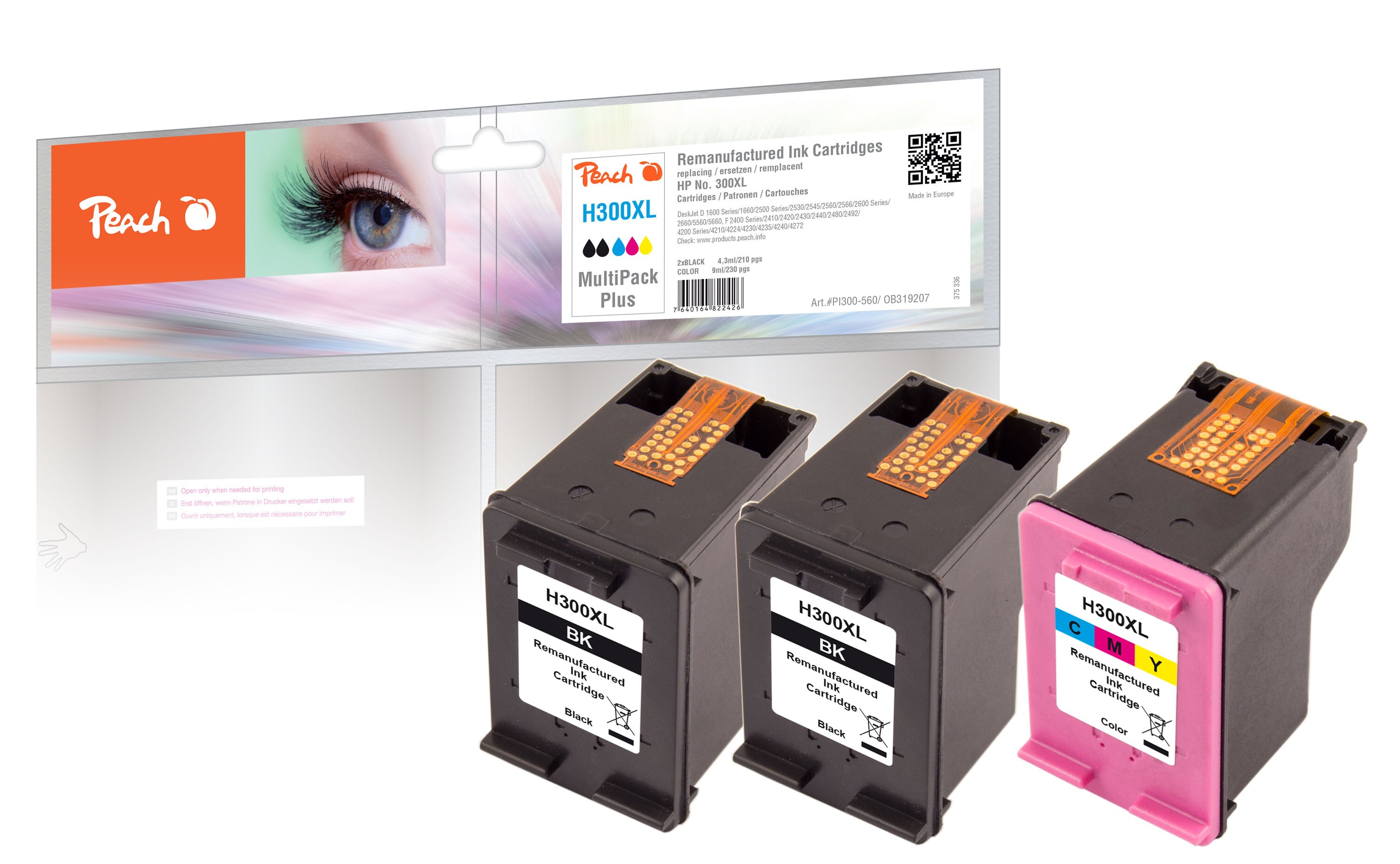 Peach HP 300 XL 3 Druckköpfe XL (2*bk, col) ersetzt HP No. 300XL, CC641EE*2, CC644EE für z.B. HP DeskJet F 4224, HP DeskJet D 1600, HP DeskJet D 1658 (wiederaufbereitet)