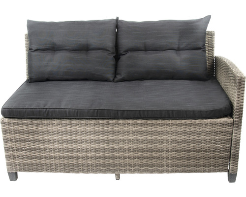 Tuinset voor 6 personen, bestaande uit: 2 banken, 1 hoekmodule, fauteuil, 2 krukken, tafel. Polyrotan, aluminium, grijs.