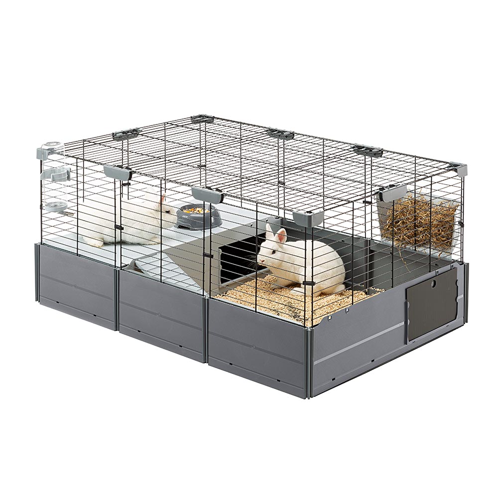 Cage modulable pour lapins et cochons d'inde multipla, en grillage métallique et plastique recyclé, avec accessoires