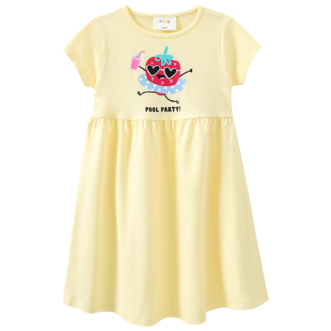Famy 2 Mädchen Kleider mit bunten Motiven hellgelb / hellblau