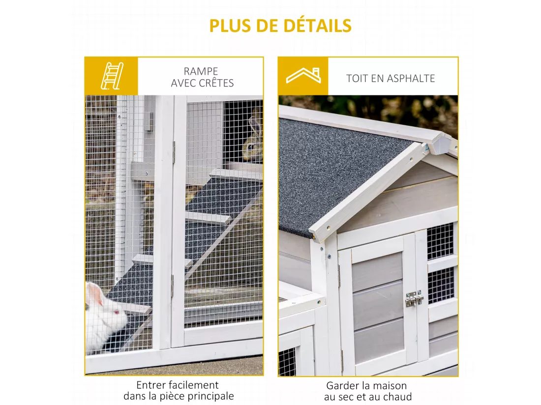 Clapier cage à lapins cottage - niche supérieure avec rampe et enclos extérieur - plateau excrément, toit bitumé, 4 portes verrouillables - bois sapin blanc gris